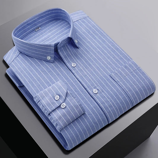 Men Oxford Shirts Cotton Plaid Striped Solid Color Long Sleeve Single Pocket Fashion Classic Business Shirts