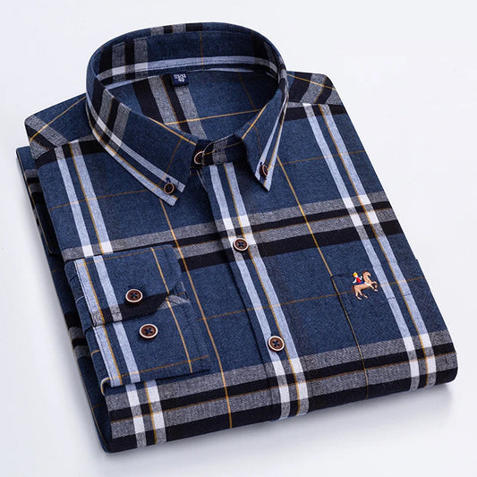 Men Long Sleeve Fashion Print Checked Regular Fit Plaid Shirt with Black Stripe